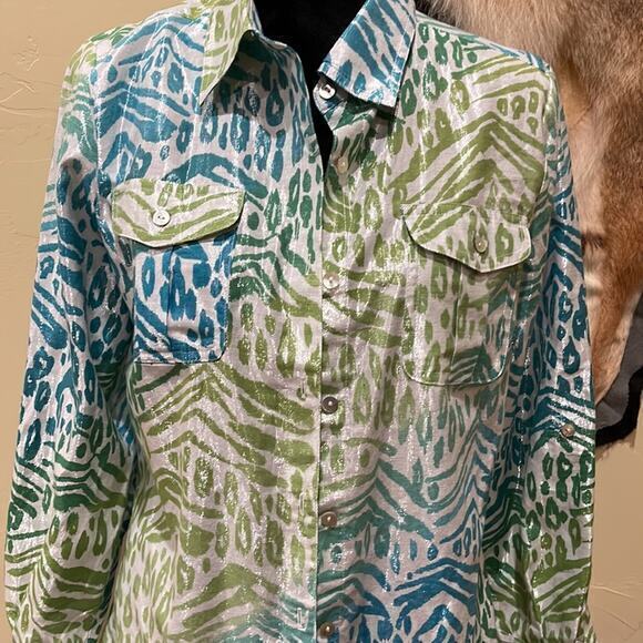 Ruby Red 8 Ombre Green Blue Button Down Top Classic Casual Animal Leaf Print - Picture 2 of 4